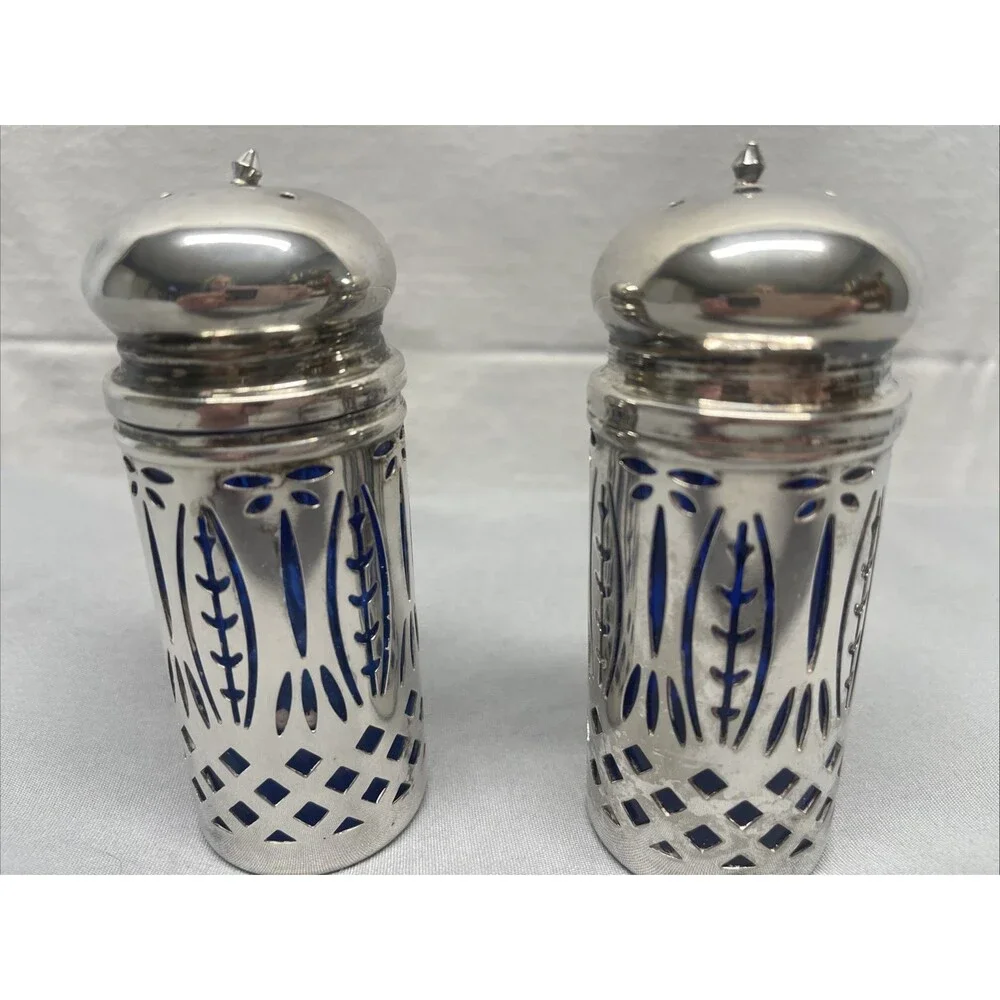 Vintage Royal Sapphire Silver Plate Cobalt Blue Glass Salt Pepper Shakers 4